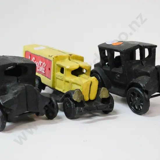 3 cast-iron 2-piece painted model vehicles - cars are H-80, Coca-Cola truck L-190