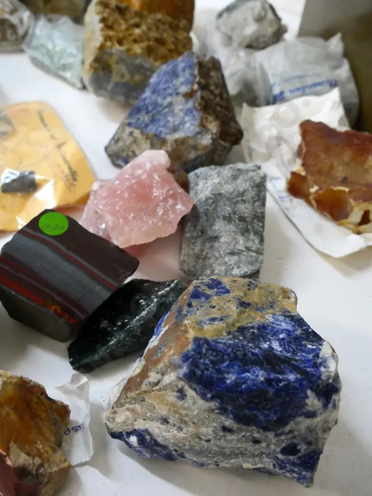 collection of minerals, rocks, rough and polished gemstone samples - with metal toolbox Image 1++
