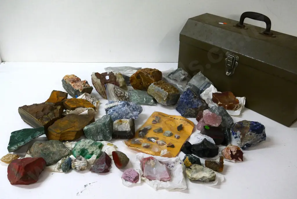 collection of minerals, rocks, rough and polished gemstone samples - with metal toolbox Image 1++