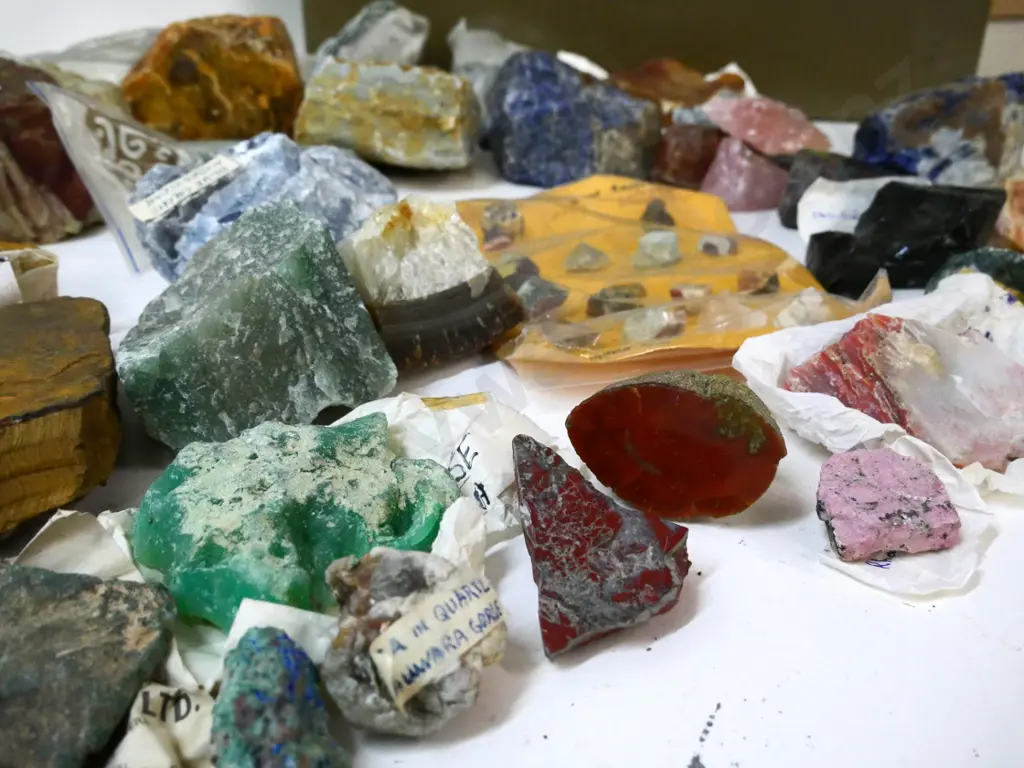 collection of minerals, rocks, rough and polished gemstone samples - with metal toolbox Image 1++