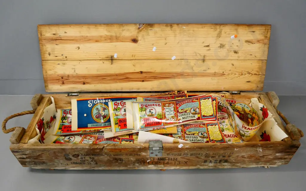 large wooden ammunition crate filled with assorted vintage labels Image 1++