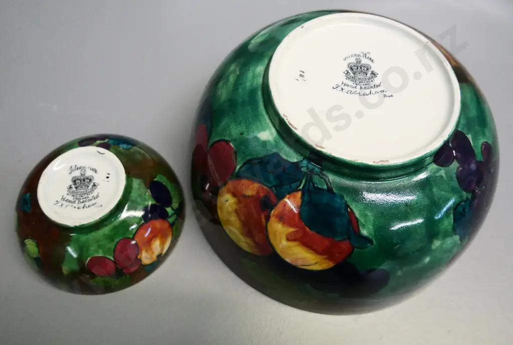 2 Titian ware bowls signed FX Abraham on bottom and 3 plates: Radford, Wood & Sons and Masons w/under-glaze chip on back Image 1++