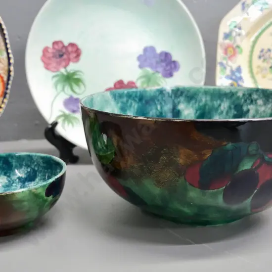 2 Titian ware bowls signed FX Abraham on bottom and 3 plates: Radford, Wood & Sons and Masons w/under-glaze chip on back