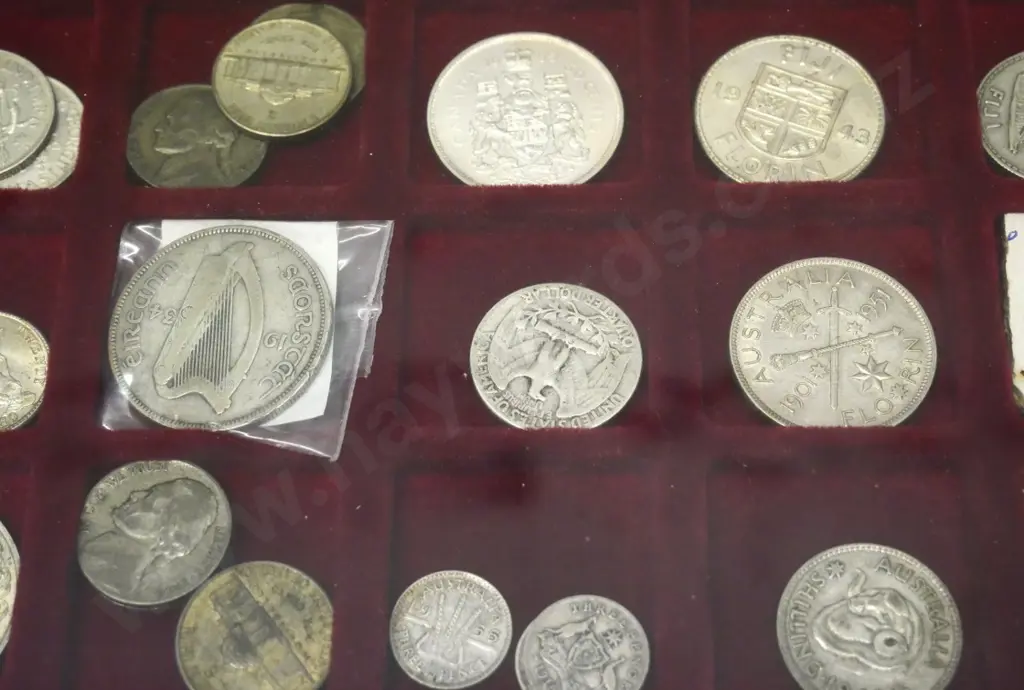 numerous overseas silver coins in plastic display case Image 1++