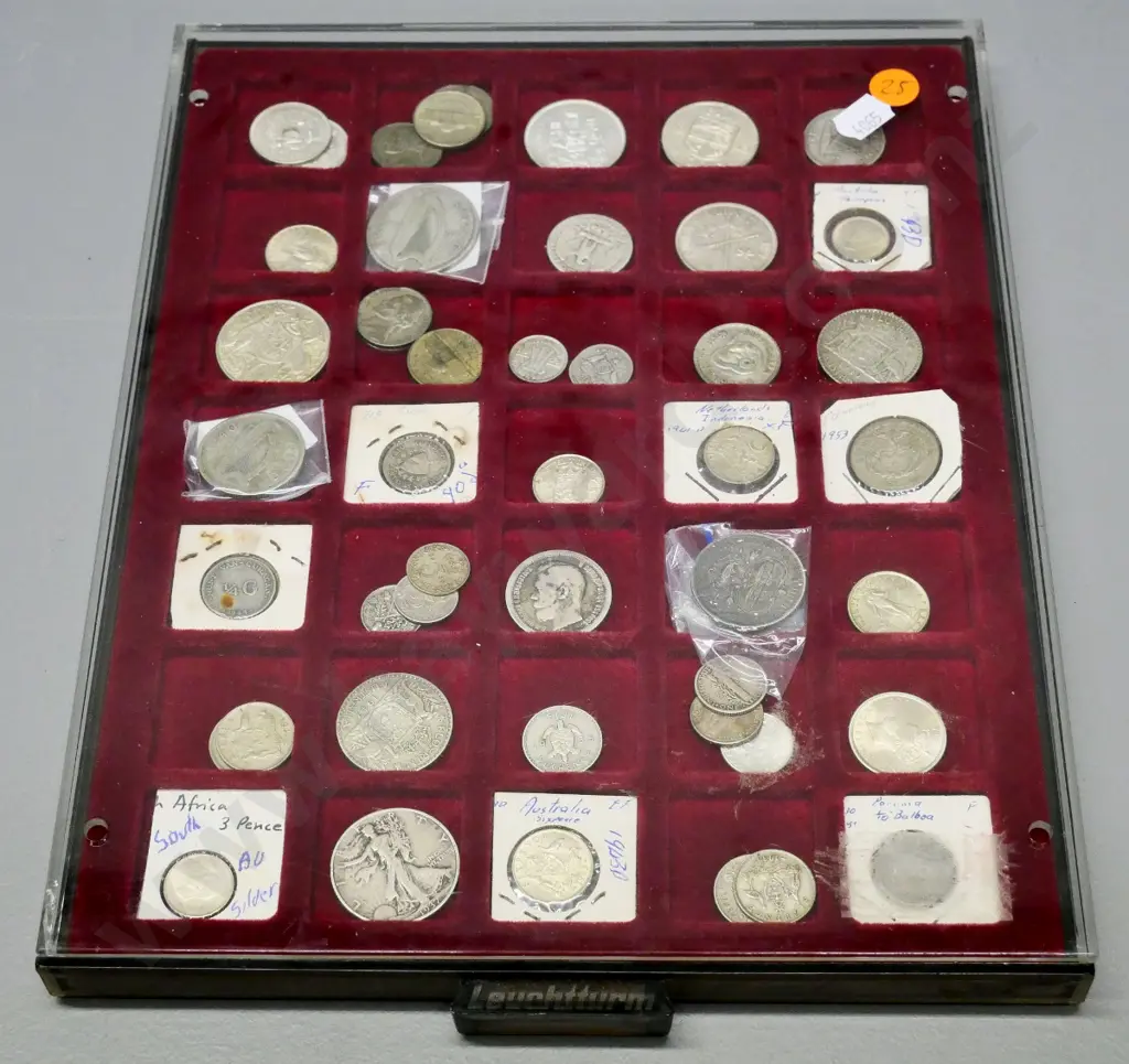 numerous overseas silver coins in plastic display case Image 1++