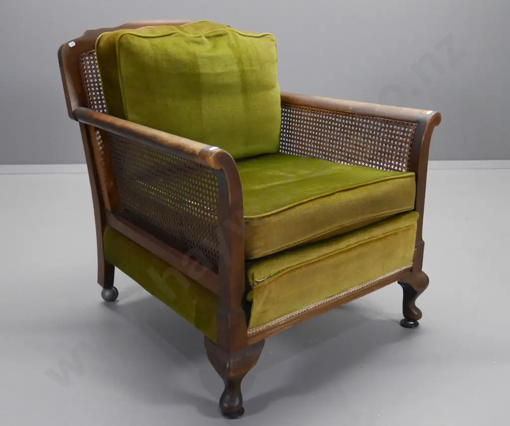 bergere lounge chair with fretted panel back, on casters - polish a bit worn H-820 W-730 D-760 Image 1++