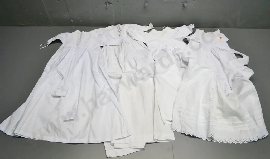 4 vintage hand-finished white cotton baby gowns Image 1++