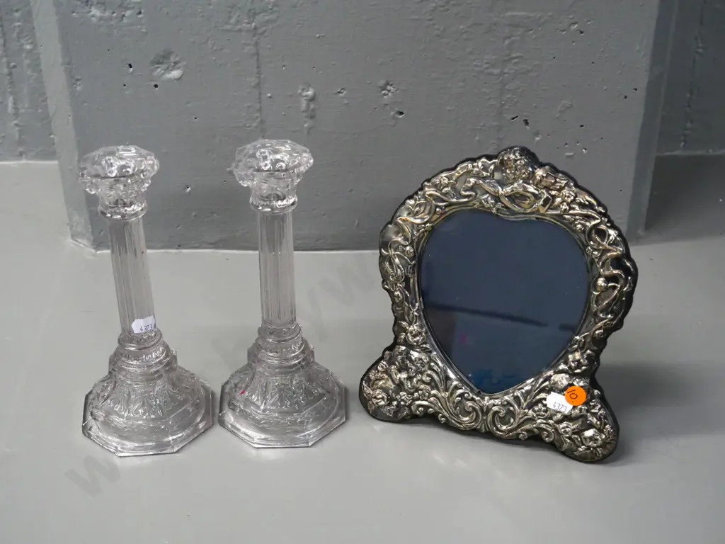 (sterling silver?) fronted picture frame and pair of depression glass candlesticks H-200 Image 1++
