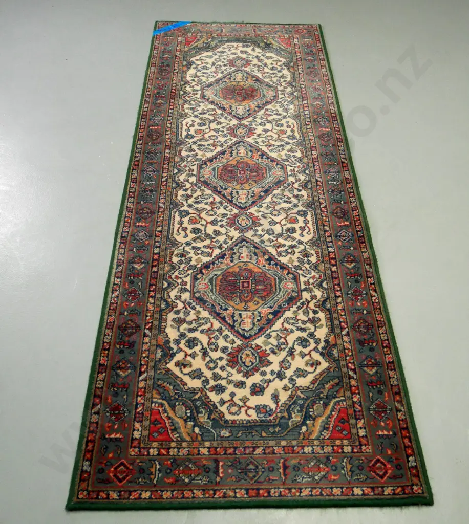 woollen floor rug - dusty greens and reds - L-2340 W-790 Image 1++