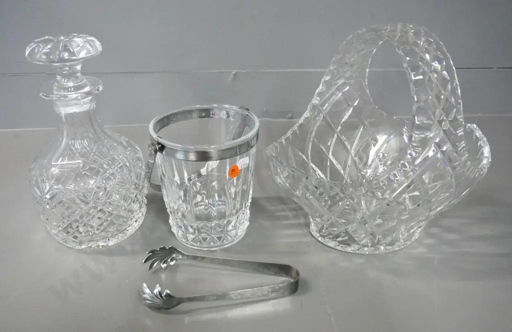 cut crystal items - ice bucket, stoppered decanter and basket H-260 Image 1++