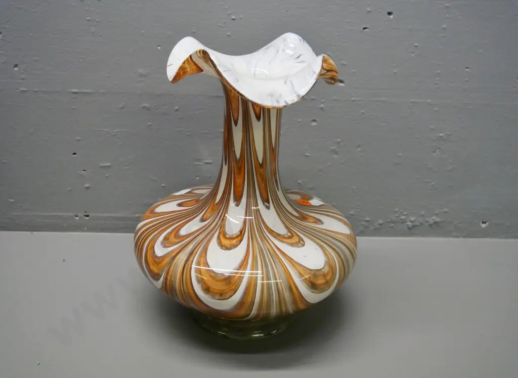 large art glass vase - swirled brown and white H-240 D-190 at widest Image 1++