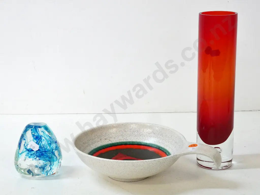 clear base red art glass vase H-270 blue swirl paper weight and a German handled dish Image 1++