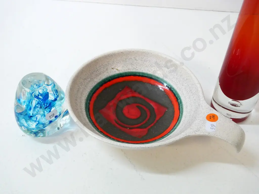 clear base red art glass vase H-270 blue swirl paper weight and a German handled dish Image 1++