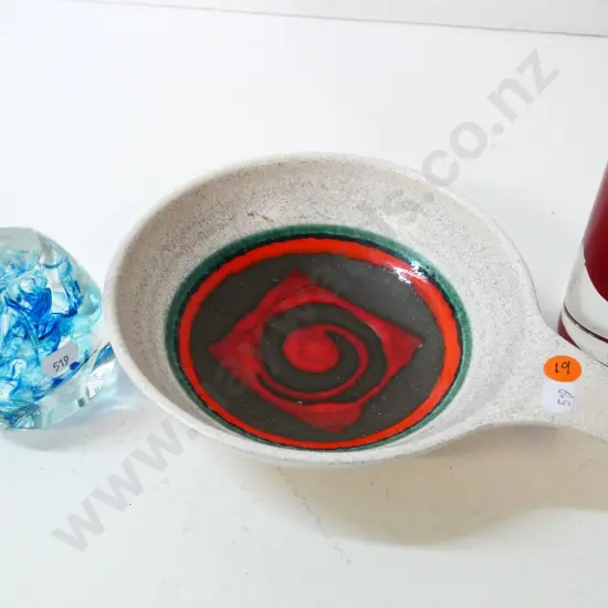 clear base red art glass vase H-270 blue swirl paper weight and a German handled dish