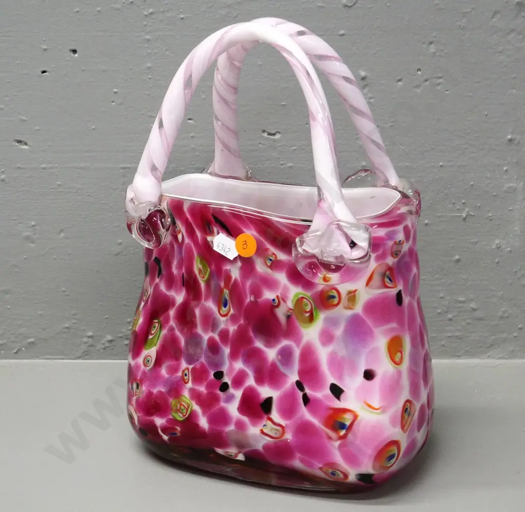 heavy art glass handbag vase - pink and white H-290 W-200 D-120 Image 1++