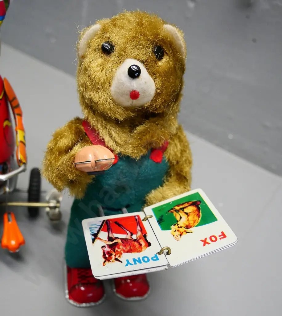 two wind-up tin toys - retro page-turning bear (not working) and reproduction duck - going, H-200 Image 1++