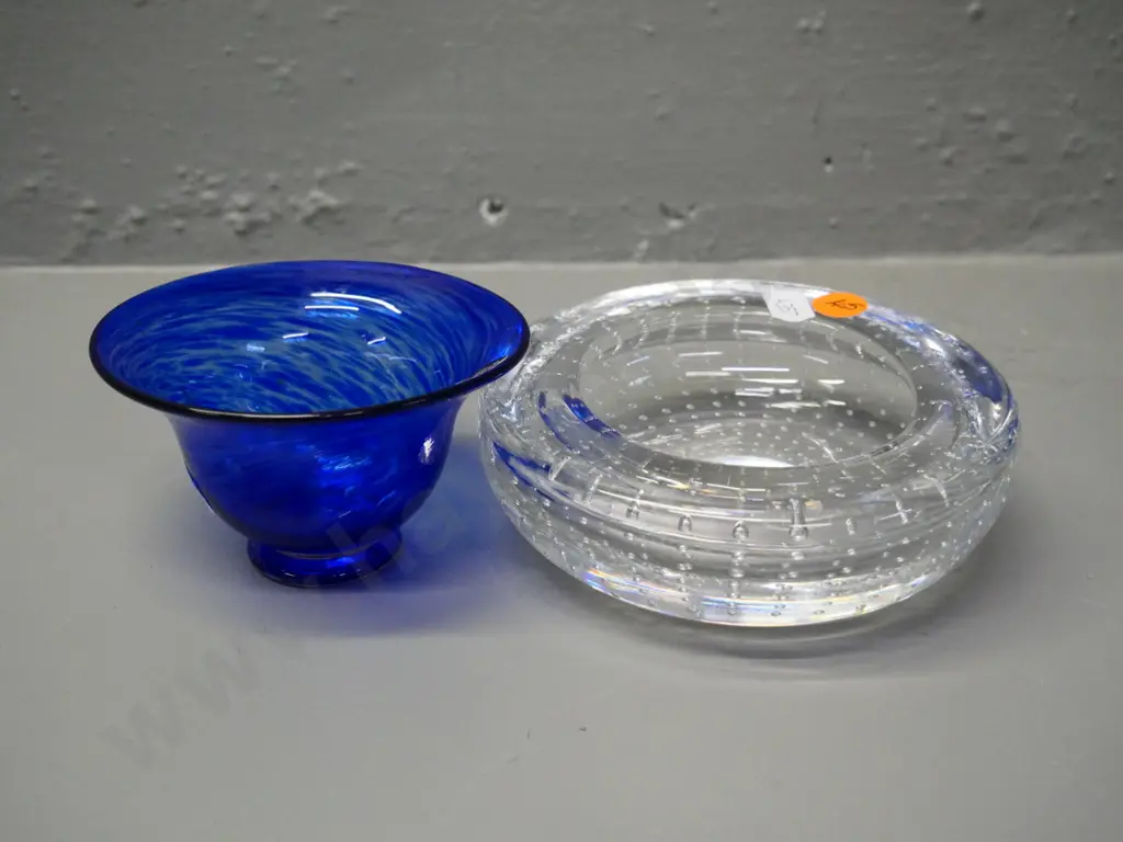 small blue Hoglund glass bowl H-60 Diameter 100 and a heavy clear bubble bowl Image 1++