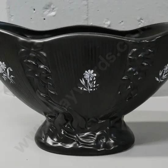 black Crown Lynn vase No.553,white transfer print floral motifs - chip to base, slight hairline crack to rim H-160 W-310