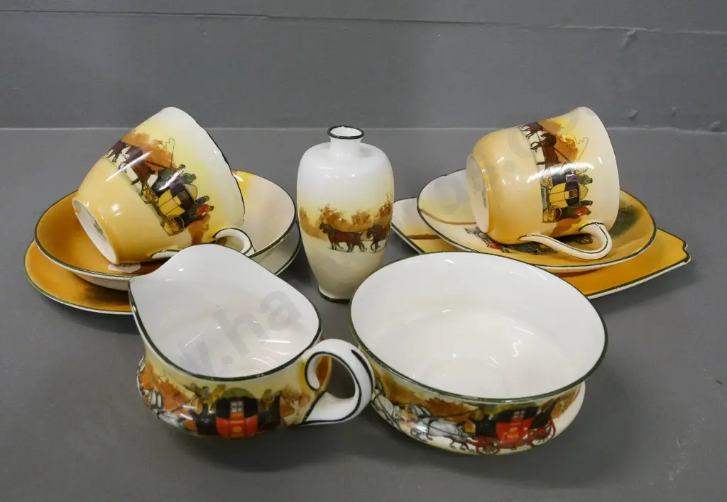 5 Royal Doulton Coaching Days items - 2 trios, cream & sugar, and a small vase Image 1++