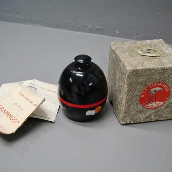 vintage Flamingo flintless table lighter with instructions and box - contains old batteries, may have corrosion