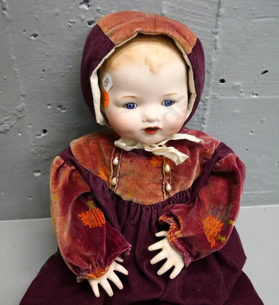 vintage doll with china head and hands, cloth body, has repair to one finger H-350 Image 1++