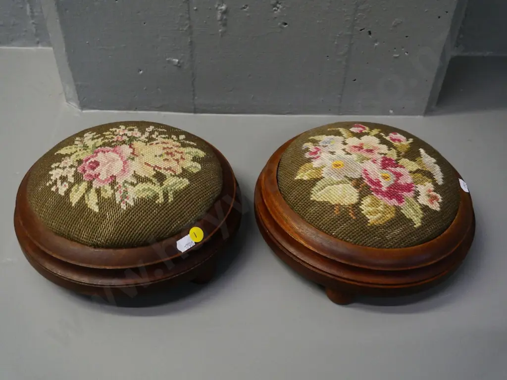 pair of small round timber tapestry-topped foot-stools H-100 Diameter 230 Image 1++