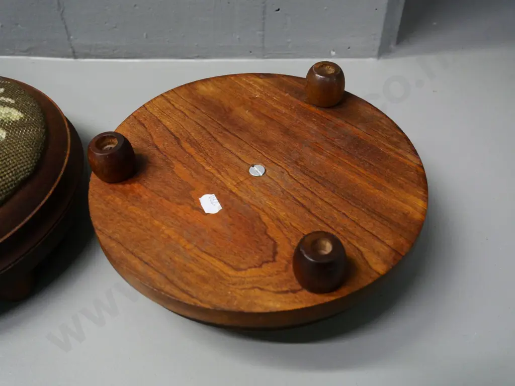 pair of small round timber tapestry-topped foot-stools H-100 Diameter 230 Image 1++