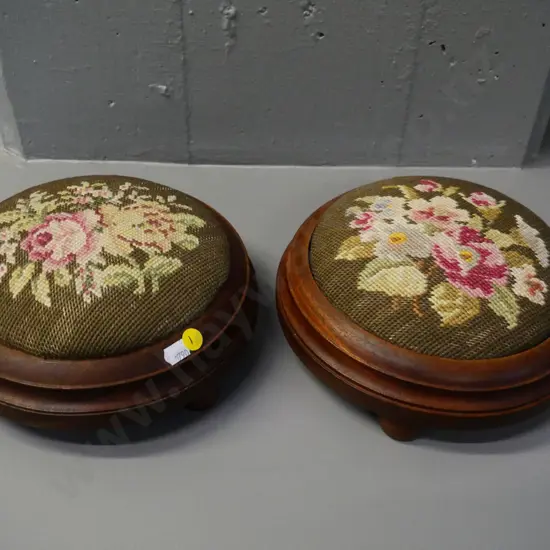 pair of small round timber tapestry-topped foot-stools H-100 Diameter 230