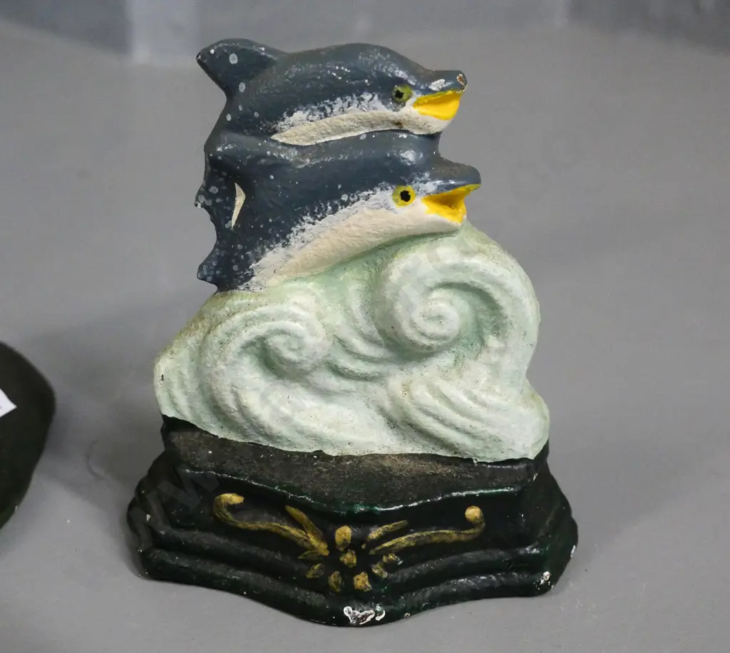 2 painted cast iron door stops - golfer H-260 and a small one with 2 leaping dolphins Image 1++