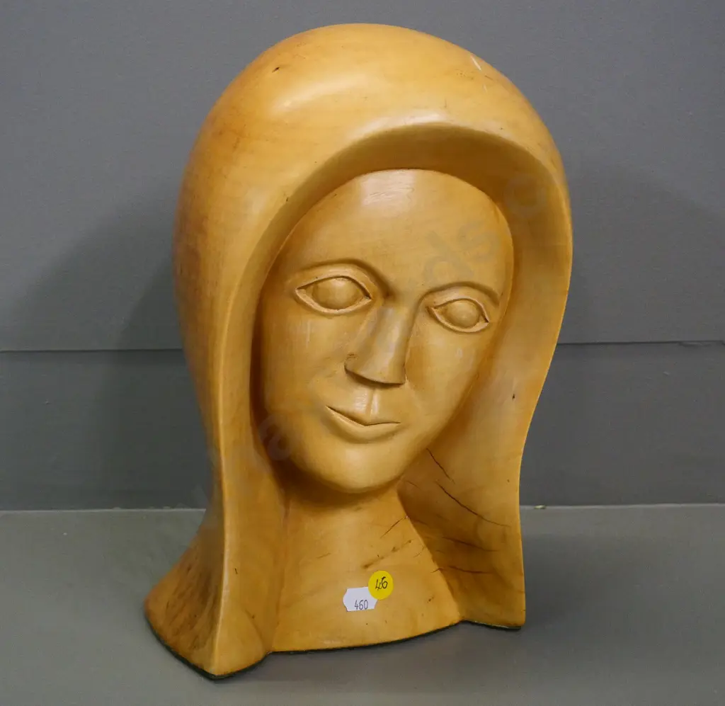 hand-carved female head - marked on base Jess Scott, 1980, cherry wood. H-310 W-190 Image 1++