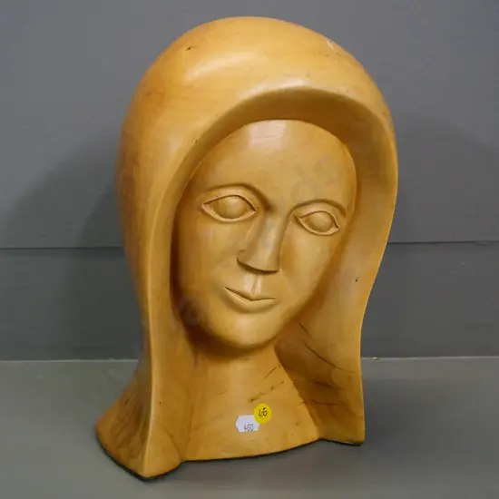 hand-carved female head - marked on base Jess Scott, 1980, cherry wood. H-310 W-190