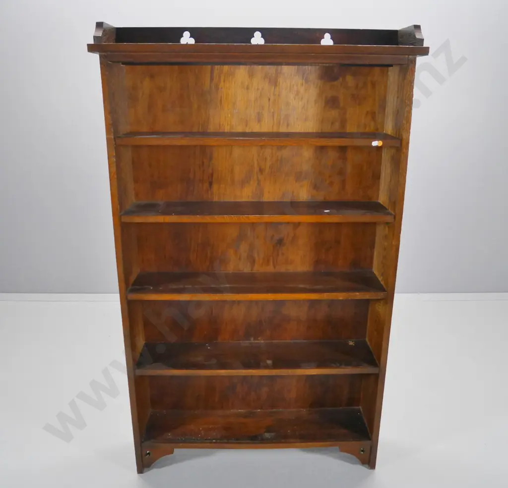 deco dark stained oak 5-shelf book-case w/pierced pediment top H-1510 W-920 D-230 Image 1++
