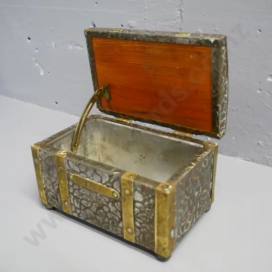 brass and silver metal covered wooden tea caddy with tin lining - H-100 W-150  D-100