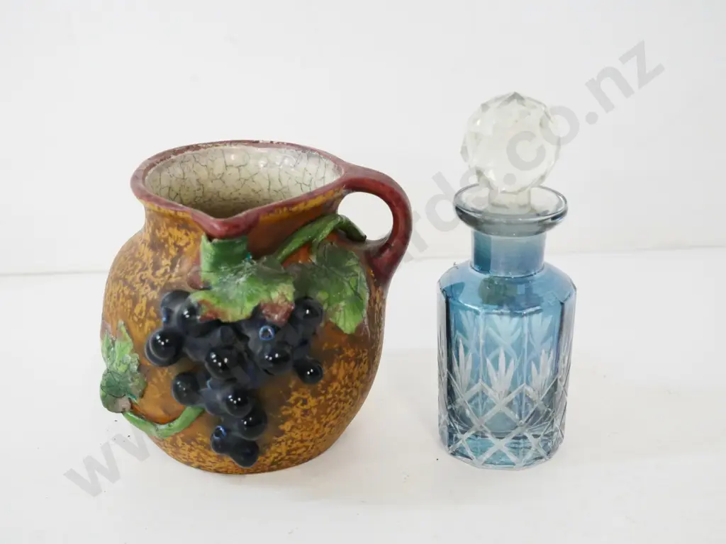 small Amphora jug with raised grapes - minor chip - and a blue glass stoppered scent bottle H-120 Image 1++