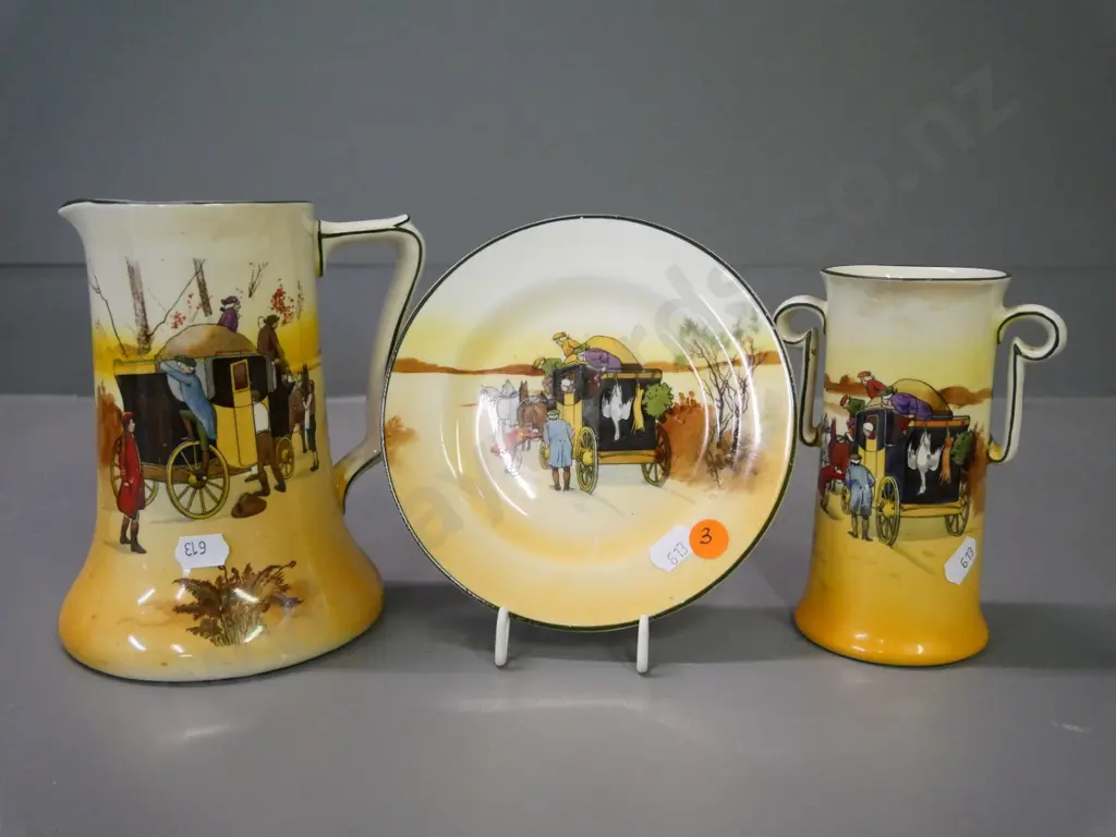 3 Royal Doulton Coaching Scene items - plate (has scratch to decoration) vase and jug H-160 Image 1++
