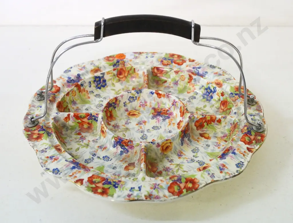 deco English china all-over-floral chintz pattern segmented dish with metal and timber handle H-170 D-270 Image 1++