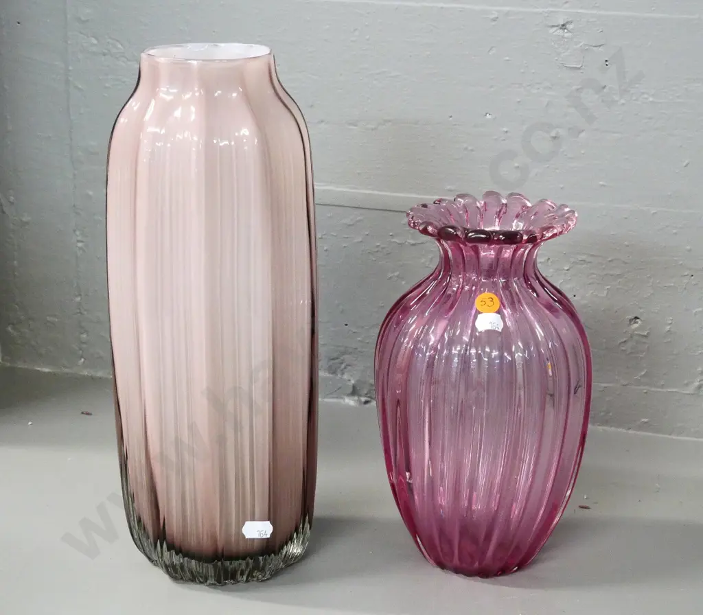 2 pink glass vases - taller is white lined, H-320 Image 1++