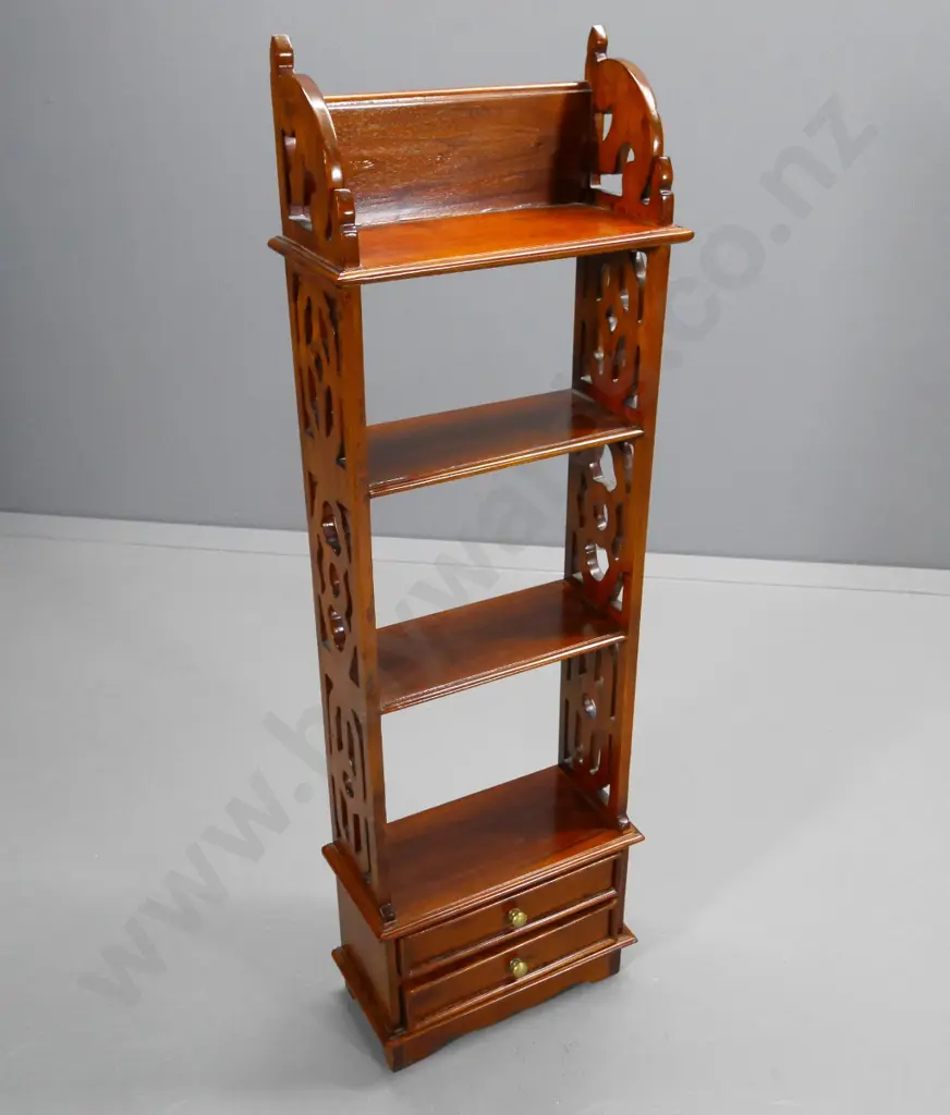 reproduction mahogany  open-top display cabinet with fretted sides, 2 drawers H-1100 W-350 D-160 Image 1++