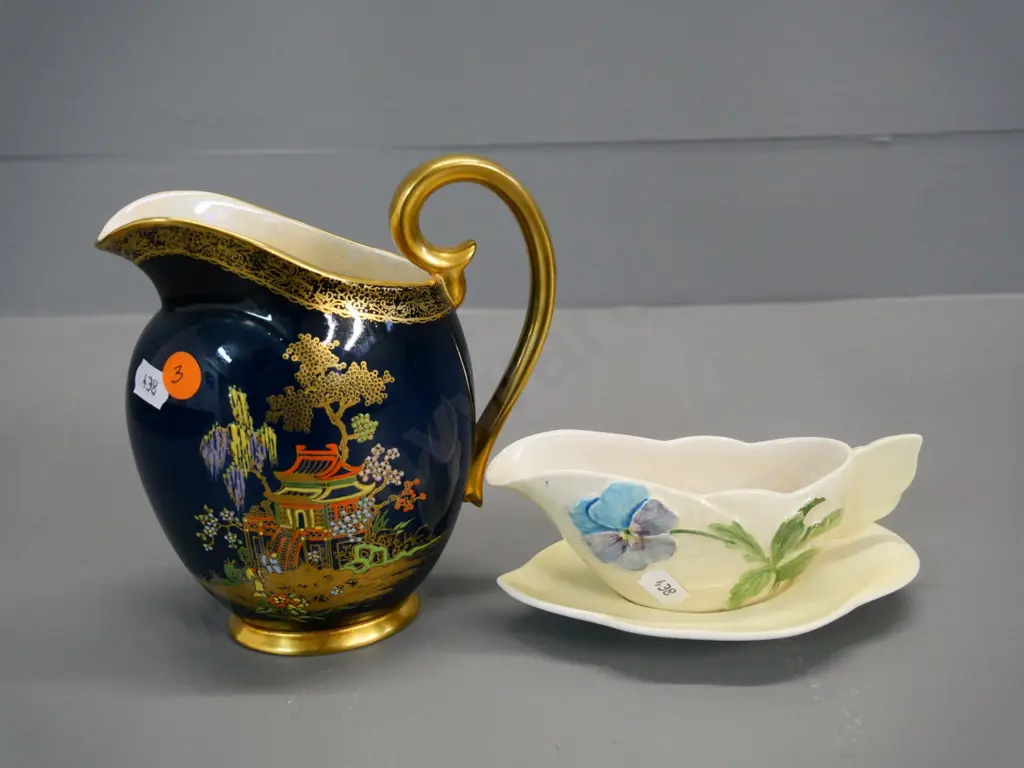 Carlton ware blue and gold Asian scene jug H-170 and Royal Winton small sauce boat and saucer with stains and crazing Image 1++