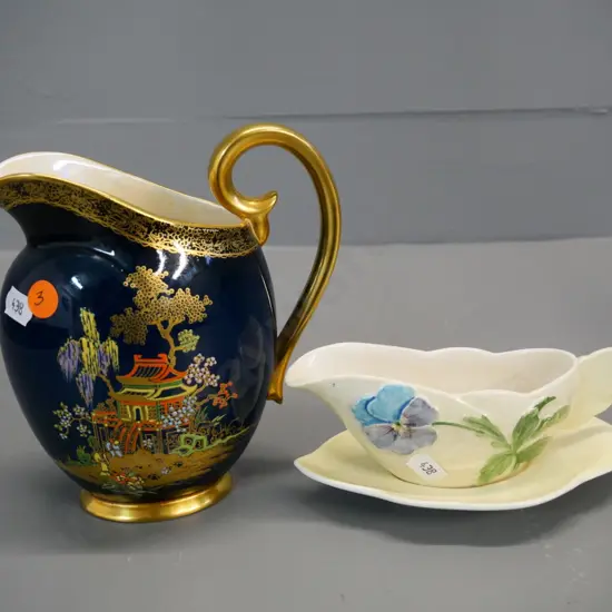 Carlton ware blue and gold Asian scene jug H-170 and Royal Winton small sauce boat and saucer with stains and crazing