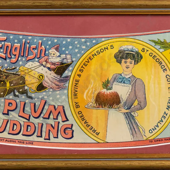 framed vintage Ye Olde English Plum Pudding label H-100 W-320