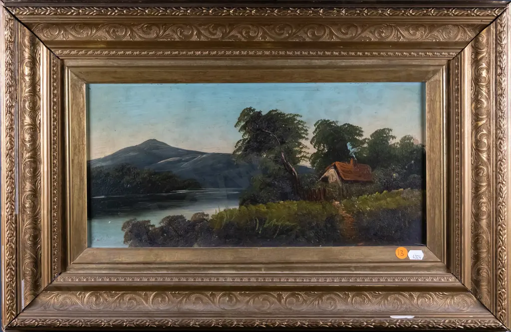 G Leslie - gilt framed oil - house by lake (foxing) H-190 W-390 Image 1++