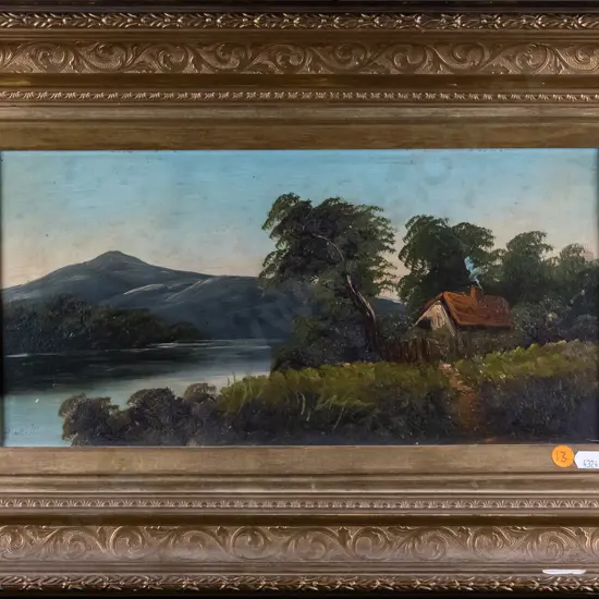 G Leslie - gilt framed oil - house by lake (foxing) H-190 W-390