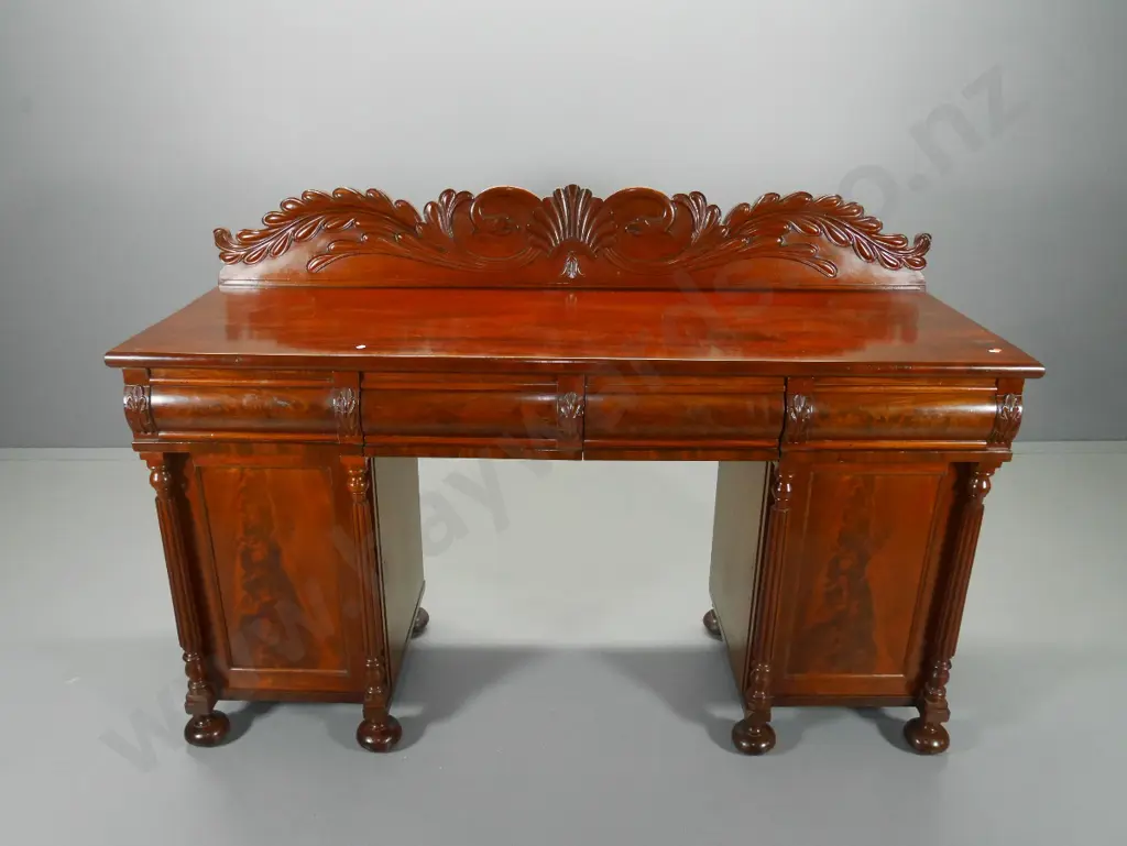large mahogany flame veneer front heavily carved sideboard, 4 drawer, 2 door, bun feet, lockable w/key H1200 W1780 D600 Image 1++
