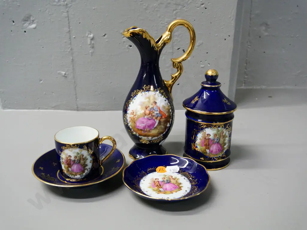 4 pieces cobalt and gold romance scene Limoges - jug is H-200 Image 1++