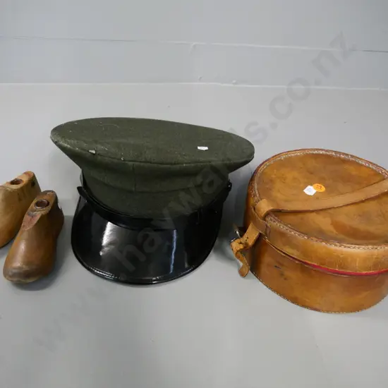 Hill's hats Wellington peaked cap, wooden child's shoe forms, vintage leather collar box & contents - some wear and tear