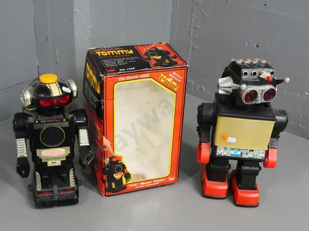 two retro plastic toy robots - "Tommy", other has missing parts, some damage  H-300 (both untested, no returns) Image 1++
