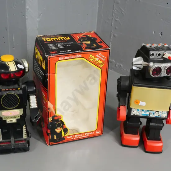two retro plastic toy robots - "Tommy", other has missing parts, some damage  H-300 (both untested, no returns)
