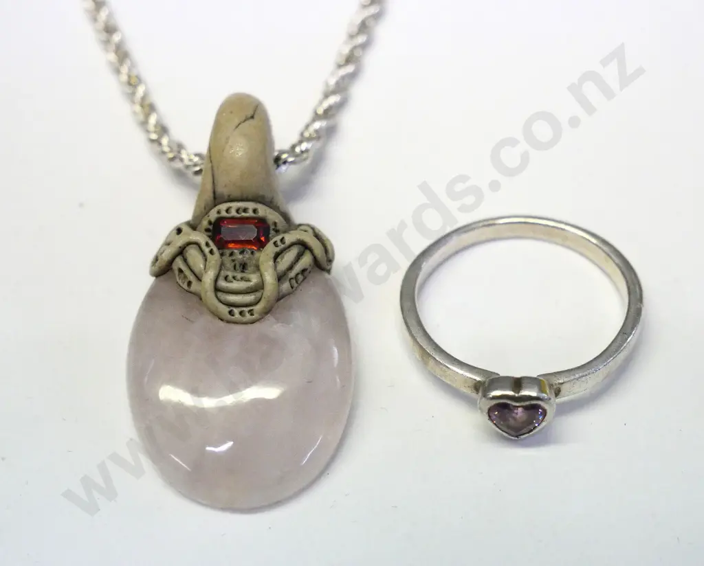 pink stone pendant on silver chain stamped 925 & silver pink heart dress ring stamped 925 Image 1++