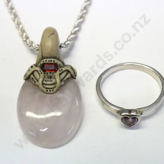 pink stone pendant on silver chain stamped 925 & silver pink heart dress ring stamped 925